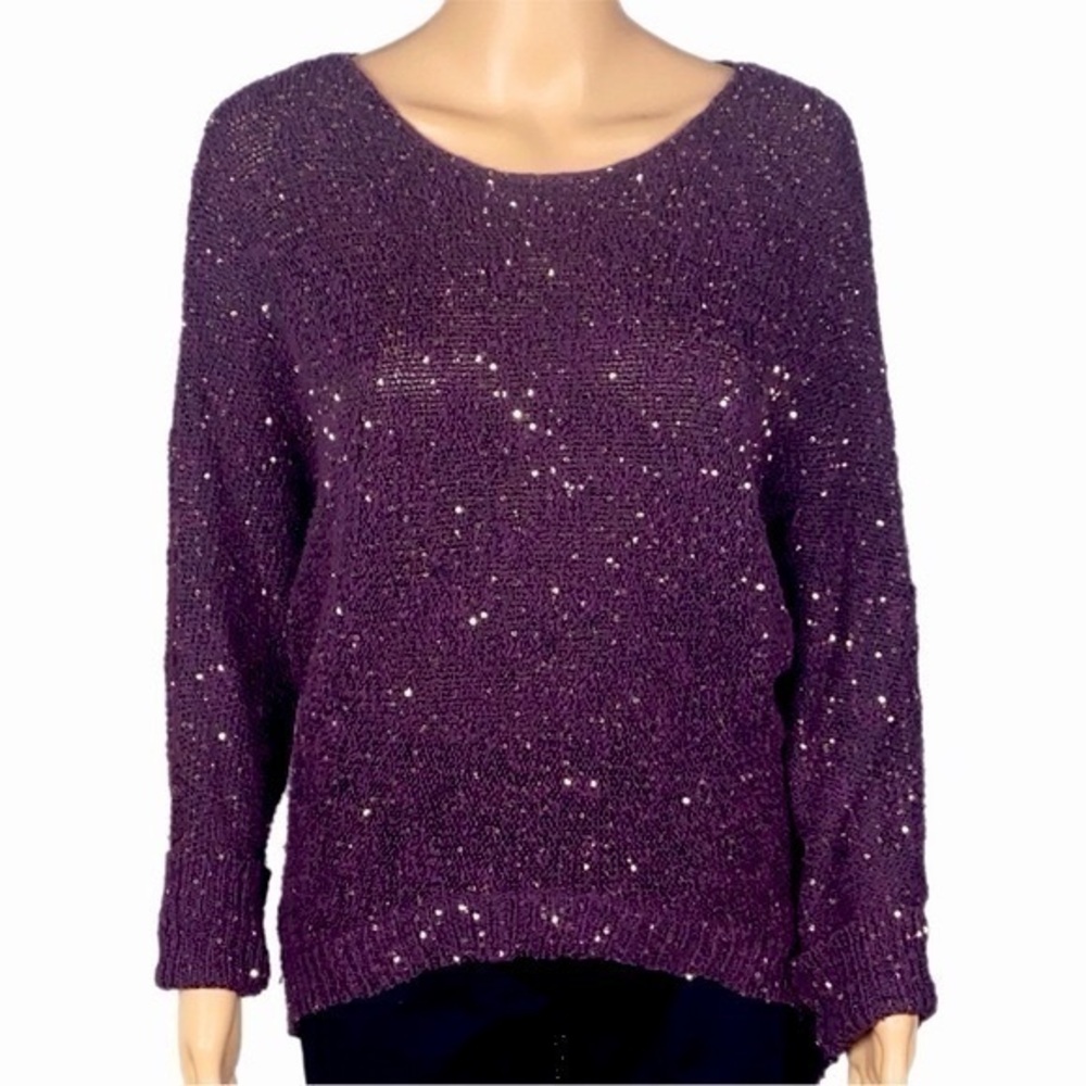 BISOU BISOU asymmetrical purple sweater with gold sequins throughout Medium EUC